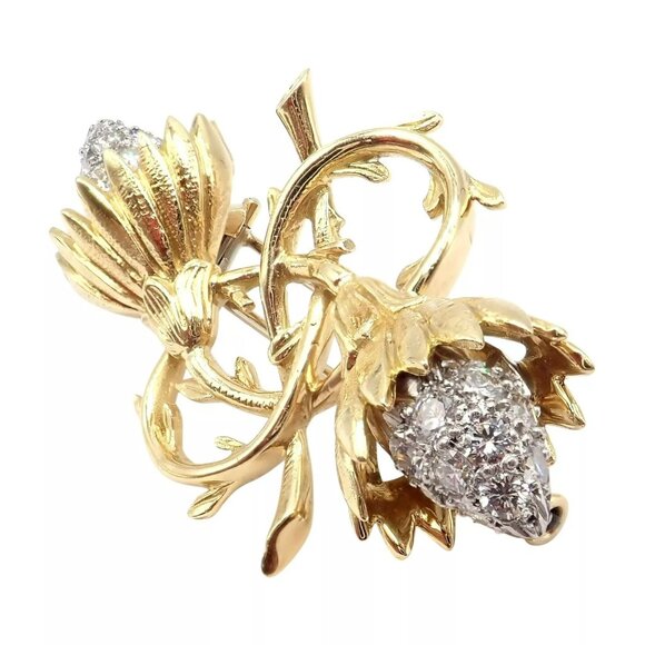 Authentic! Tiffany & Co Schlumberger 18k Yellow Gold Platinum Diamond Pin Brooch - Picture 6 of 14